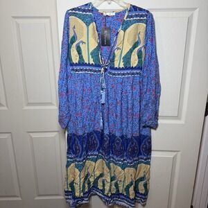 R. Vivimos NWT Women Blue Peacock Long Sleeve Retro V-Neck Tassel A-Line Dress M